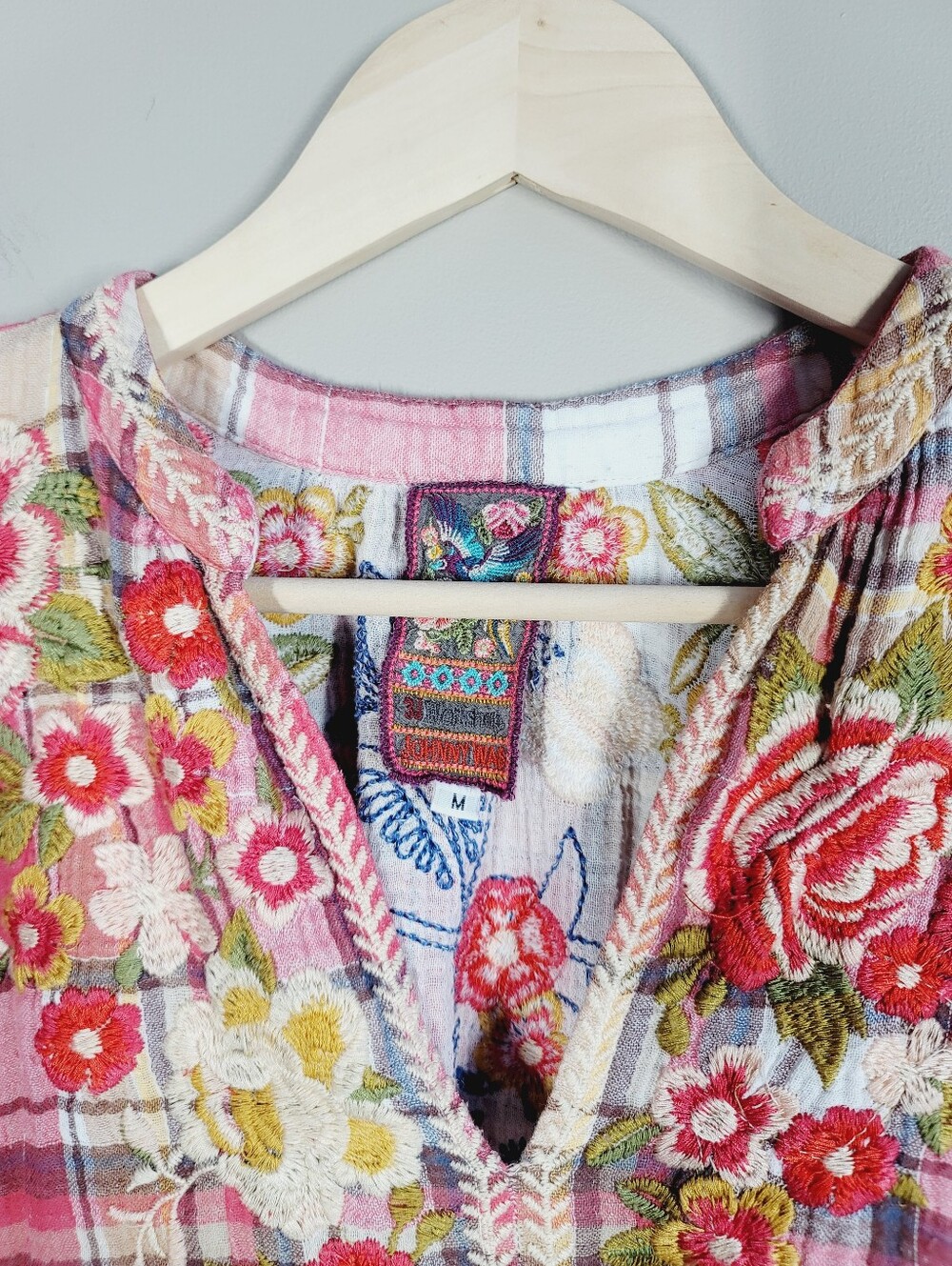 Johnny Was Embroidered Pink Plaid Top, Size Medium - Picture 3 of 4